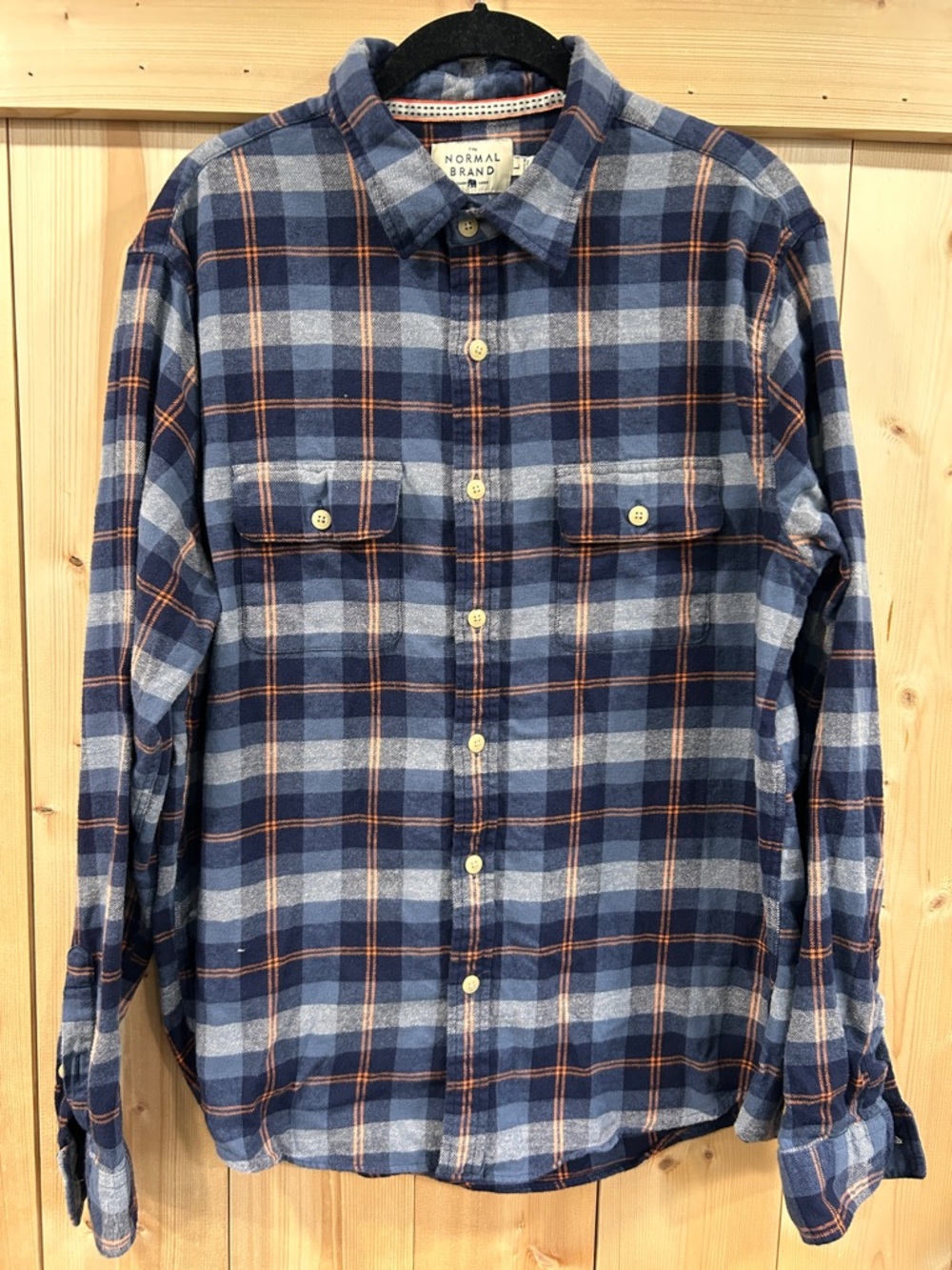 The Normal Brand Men's Plaid Flannel Shirt | Navy Gray Orange Gorpcore Comfy